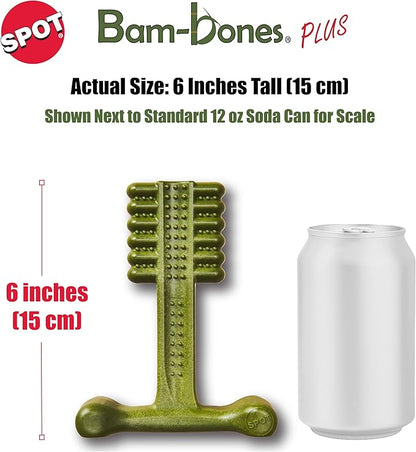 SPOT Bam-Bones Plus Toothbrush Dog Chew Toy for Medium Dogs 30-60 lbs, Bamboo & Nylon Dental Chew with Mint & Baking Soda, T-Bone Shape for Moderate to Heavy Chewers, 6 Inch