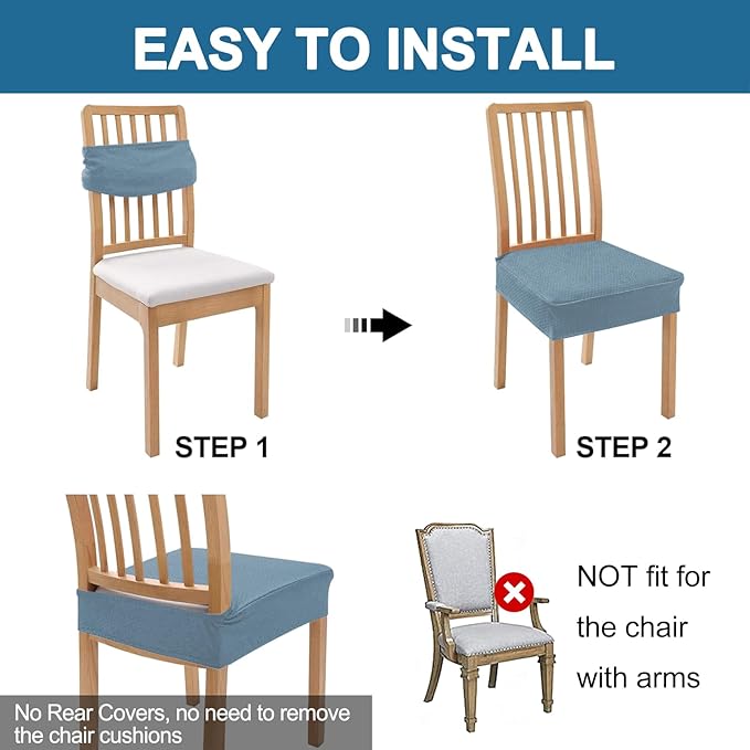 Smiry Waterproof Seat Covers for Dining Room Chairs Set of 2, Stretch Jacquard Removable Washable Chair Seat Slipcovers Protector, No Rear Covers, Airy Blue
