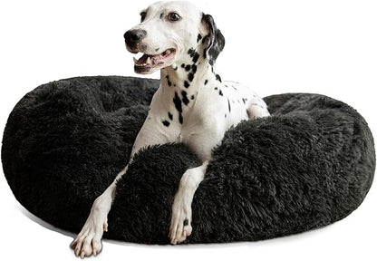 HACHIKITTY Calming Donut Cuddler Dog Bed, Round Fluffy Pet Bed for Large Dogs,Washable, Large, Black, 30''