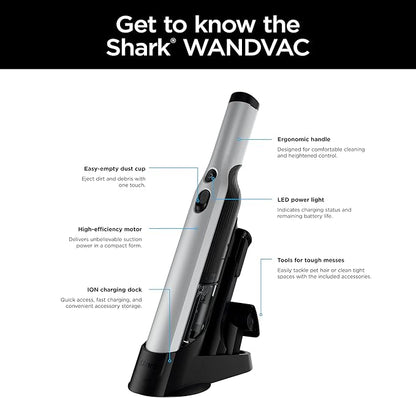 Shark WANDVAC Cordless Hand Vac, Lightweight, Versatile and Portable at 1.4 lbs., Powerful Suction, Charging Dock, One-Touch Empty, NEW Furfins Tool & Crevice Tool for Pet & Home, Gray, WV201WH