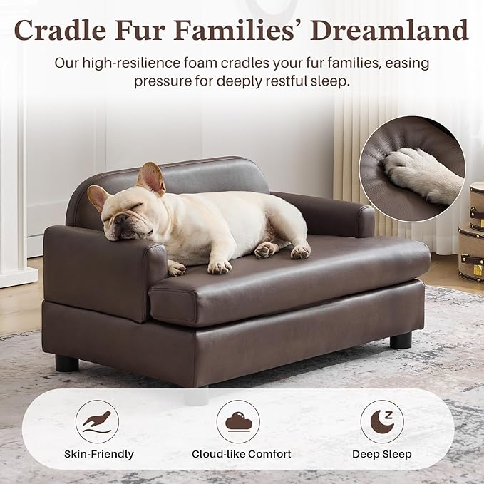 Luxury Dog Sofa Bed Elevated Pet Couch with Durable Waterproof Leather & Orthopedic Sponge - Modern Furniture Style Dog Lounge & Pet Bedside Step for Small/Medium Dogs/Cats, Brown