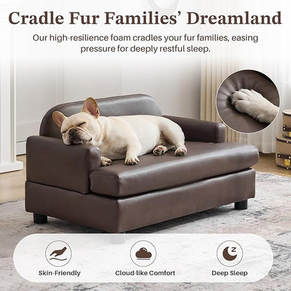 Luxury Dog Sofa Bed Elevated Pet Couch with Durable Waterproof Leather & Orthopedic Sponge - Modern Furniture Style Dog Lounge & Pet Bedside Step for Small/Medium Dogs/Cats, Brown