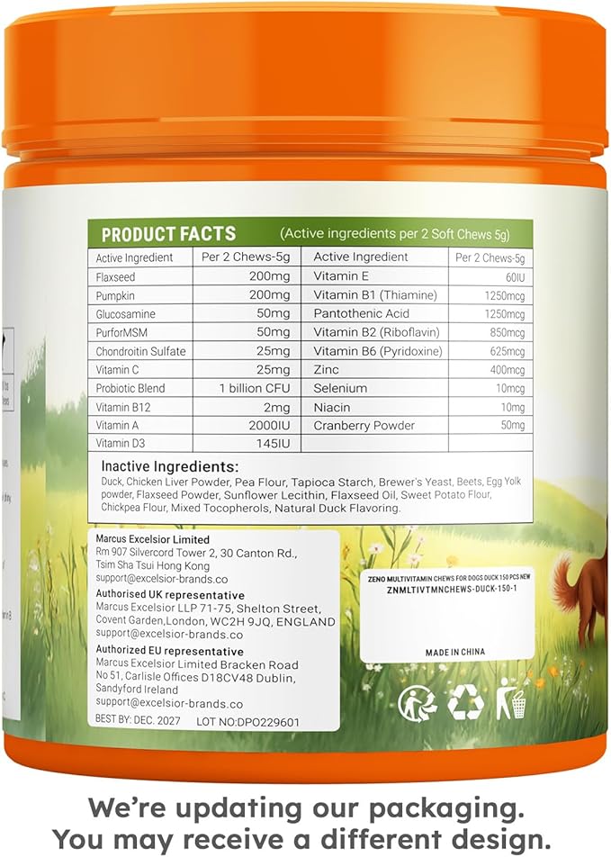 ZENO Dog Vitamins and Supplements - 150 Dog Multivitamin Chewable - Immune, Joint Support, Skin, Gut Health + Packed with Omega 3s, Glucosamine & Probiotics - Safe for Puppy - Duck