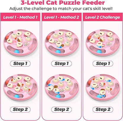 Cat Puzzle Toys Games Level 3 in 1 with Track Balls, Feather Teaser & Treat Feeder | Non-Slip Base | Mental Stimulation Enrichment for Indoor Cat, Dogs | Kitty Gift, Pink