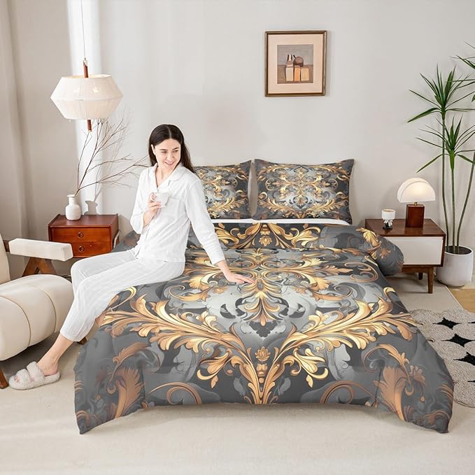 Erosebridal Golden Damask(Just Print) Twin Comforter Set, Floral Boho Vintage Paisley Microfiber Bedding Set for Kids Teens Adults, Hippie Aztec Exotic Duvet Insert Garden Bohemian Gothic Bed Sets