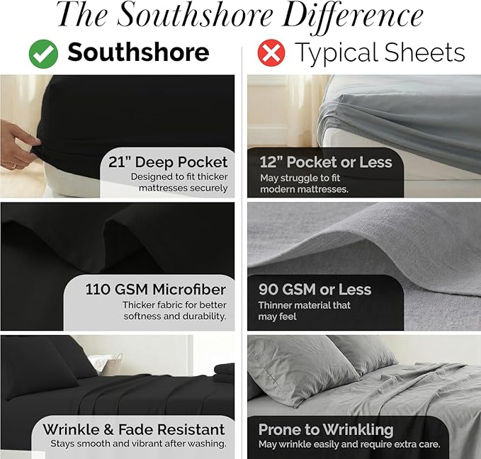 Southshore Fine Living, Inc. Extra Deep Pocket California King Sheets Set, 6-Piece Soft Microfiber Bed Sheets with 21" Deep Cal King Fitted Sheet, Oversize Flat Sheet, 4 Pillowcases, Black
