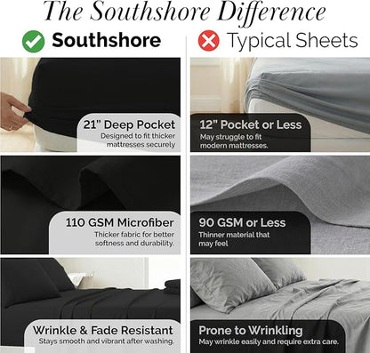 Southshore Fine Living, Inc. Extra Deep Pocket California King Sheets Set, 6-Piece Soft Microfiber Bed Sheets with 21" Deep Cal King Fitted Sheet, Oversize Flat Sheet, 4 Pillowcases, Black
