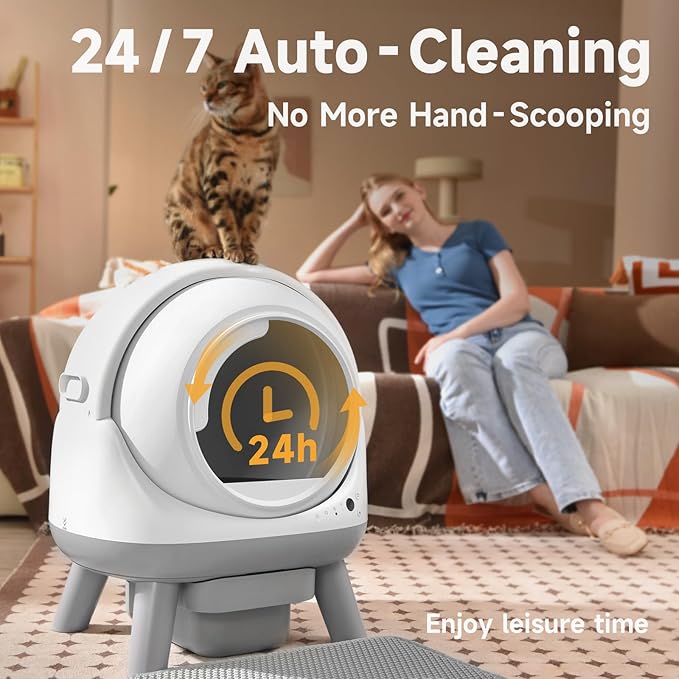 Self Cleaning Litter Box for Multiple Cats, G1 Automatic Litter Box with Smart APP Control & Health Monitoring, Includes 2 Roll Trash Bags and Litter Mat (White-Grey)
