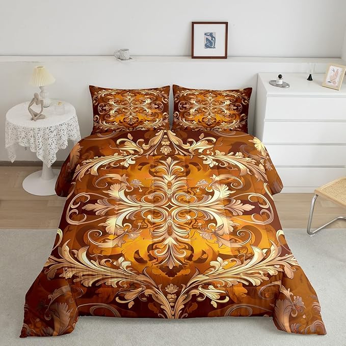 Erosebridal Retro Floral King Size Comforter Set, Bohemian Flowers Chic Paisley Microfiber Bedding for Kids Boys Girls, Victorian Baroque Hippie Bed Sets, Vintage Fashion Bedding Comforter Sets