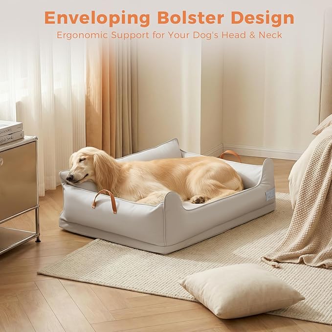 Removable Orthopedic Dog Beds for Large Dogs, Leather Memory Foam Dog Sofa Bed, Waterproof Durable Dogs Bed Couch with Non Skid Bottom for All Pet Sizes (Silver Gray, X-Large)