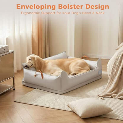Removable Orthopedic Dog Beds for Large Dogs, Leather Memory Foam Dog Sofa Bed, Waterproof Durable Dogs Bed Couch with Non Skid Bottom for All Pet Sizes (Silver Gray, X-Large)