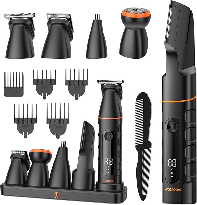 MAXGROOM Manscape All-in-One Body & Pubic Hair Trimmer for Men, No-Nick Groin & Ball Shaver, Waterproof Mens Electric Grooming Kit with LED Display, USB Rechargeable (Black)