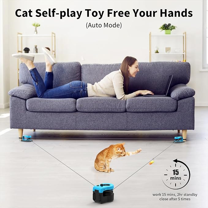 AsFrost Upgraded Interactive Cat Toy for Indoor Cats, Auto/Manual Control DIY Cat Feather Mouse Toy Treadmill for Bored Kitten Puppy Play Chase Run Exercise Hunting Mental Stimulation-Sky Blue