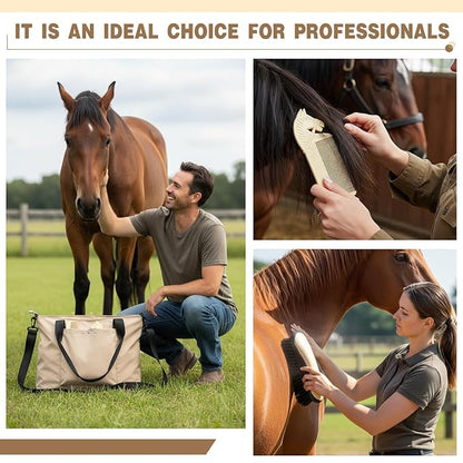 Abbylike 15 Pieces Horse Grooming Kit with Organizer Tote Bag Tack Room Supplies Horse Brush Sets Care Equine Cleaning Kit Shedding Grooming Massaging Tools (Beige)