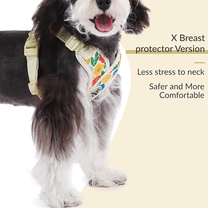 Patas Lague Dog Harness with Leash Set Adjustable Soft Padded Step-in Dog Vest No Choke No Pull Reflective for Small Medium Pets with Poop Bags and Dispenser, Solid and No-chew, Floral Yellow M