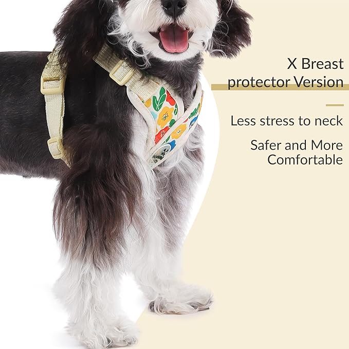 Patas Lague Dog Harness with Leash Set Adjustable Soft Padded Step-in Dog Vest No Choke No Pull Reflective for Medium Pets with Poop Bags and Dispenser, Solid and No-chew, Floral Yellow L