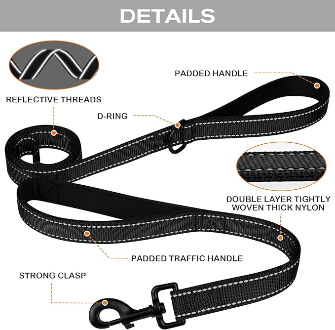 Joytale Dog Leash Heavy Duty for Large Dogs that Pull, Double Handle for Traffic Control, Double-Sided Reflective Leashes for Large Medium Dogs Night Safety, 5FT, Black