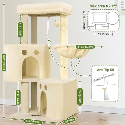 Small Cat Tree Tower for Indoor Cats, 40 in Medium Compact Adults Cat Beds Trees with 2 Condos, Sisal Scratching Post, Large Perch Platform, Multi-Level Kitty Kitten Climbing Stands House(Beige)