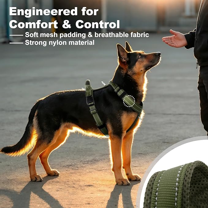 No Pull Dog Harness with Handle, Soft Mesh Padded Adjustable for Small Medium Large Dogs | Reflective Easy Walk Harness with Front Clip for Training, Running & Outdoor (Ranger Green, XL)