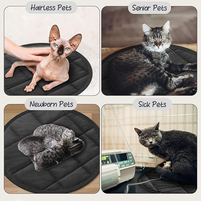 Drydiet 2 Pcs Self Warming Cat Mat Round Self Heating Pad Bed Reversible Machine Washable Heated Bed Anti Slip Warming Pad Pet Mat for Cat Crate Indoor Outdoor(Black,16 Inch)