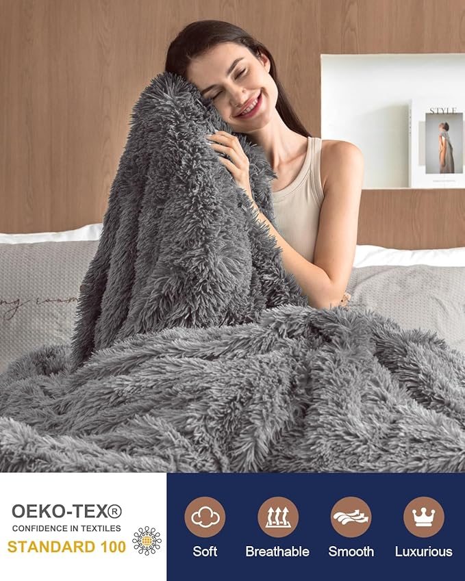 Pawque Faux Fur Blankets Queen Size Fluffy Soft, Sherpa Fleece Luxury Decorative Warm Cozy Blanket for Sofa Couch Bed, Breathable & Washable, Grey / 90x90 inches