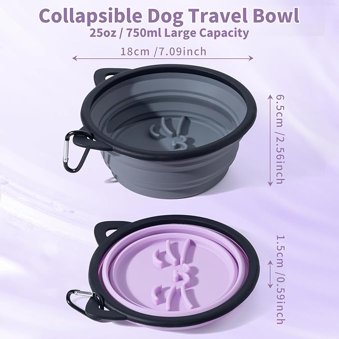 2Pack Silicone Collapsible Dog Bowls, Cute Pet Ear Shape and Cat Graphic Travel Water Bowl Full of Pet Atmosphere 25oz Portable Feeder for Small Large Dog Walking Hiking Camping (Purple and Grey)