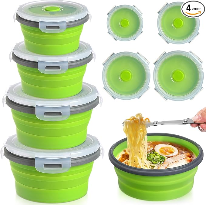Suclain 4 Pcs Collapsible Bowls with Lids Silicone Camping Food Storage Container Expandable Folding Salad Lunch Box Travel Container for Hiking Camping