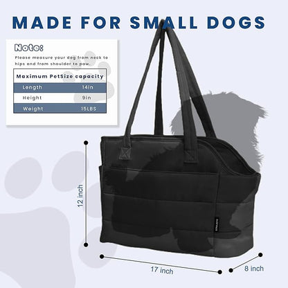 Lightweight Dog Purse Carrier for Small Dogs Under 15 lbs, Puffy Quilted Pet Carrier Tote for Puppies with Safety Leash Clip, Women's Hands-Free Dog Carrier Bag for Travel/Shopping (Black)