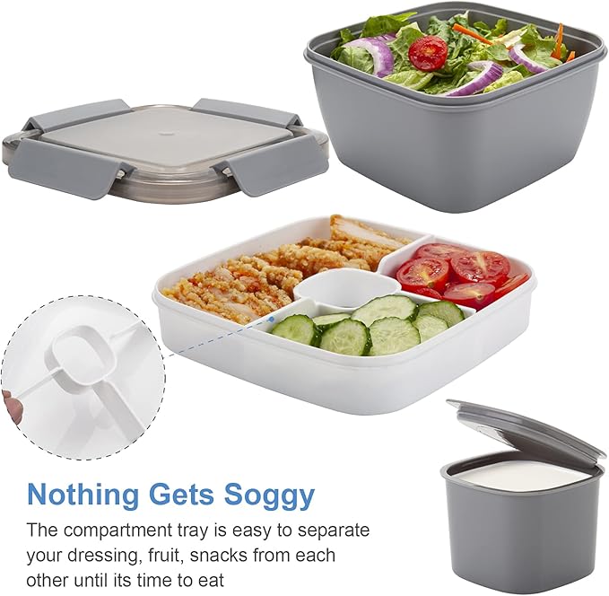 Freshmage Salad Lunch Container To Go, 52-oz Salad Bowls with 3 Compartments, Salad Dressings Container for Salad Toppings, Snacks, Men, Women (Grey)
