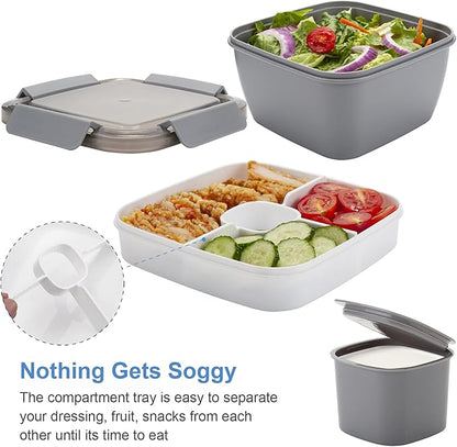 Freshmage Salad Lunch Container To Go, 52-oz Salad Bowls with 3 Compartments, Salad Dressings Container for Salad Toppings, Snacks, Men, Women (Grey)