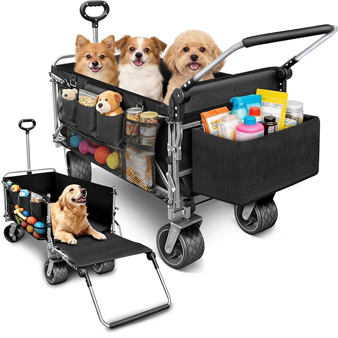 Dog Stroller for Large & Medium Dogs up to 220lbs with Tailgate, Mat, Multiple Pockets, Cup Holder, Storage Baskets, All-Terrain Foldable Large Pet Dog Wagon for Road Trips, Vet Visits, or Park Day