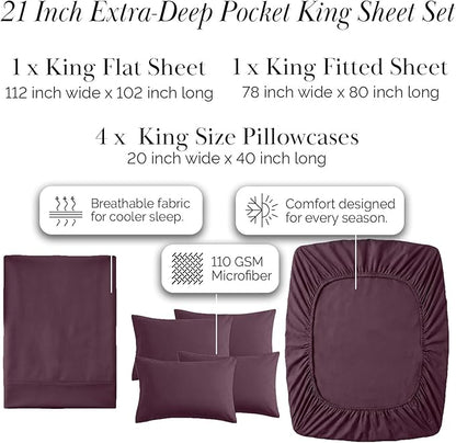 Southshore Fine Living, Inc. 6-Piece King Sheet Set, 21-Inch Extra Deep Pocket Sheets King, Microfiber Purple Sheets, Full Elastic Fitted Sheet, 4 Pillow Cases, Purple Bedding Set