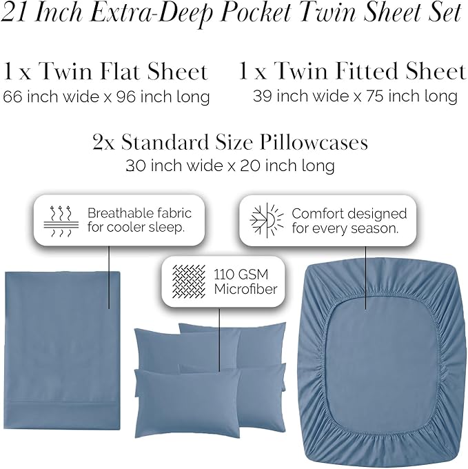 Southshore Fine Living, Inc. 4-Piece Deep Pocket Twin Sheet Set, 21-Inch Twin Deep Pocket Fitted Sheet, Microfiber Sheets, Standard Pillow Cases Set of 2, Blue Bedding Sets, Coronet Blue Sheets