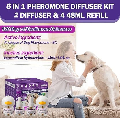 Dog Calming Pheromones Diffuser & 6 in 1 Kit Appeasing Dog Pheromone Diffuser to Calm (2 Plug in+4 x48ml Refill) Dog Calming Diffuser Anxiety Reduce Aggression Fighting Barking Stress 120 Day Supply