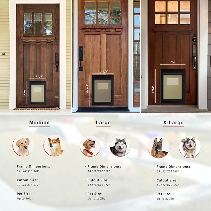 [Classicmacher] Heavy Duty Dog Door with Double Sliding Lock Panel, Aluminum Large Doggie Door for Exterior Door, Magnetic Double Flaps Dog Door for L arge and Medium Dog Up to 100 Lbs (Large,Black)