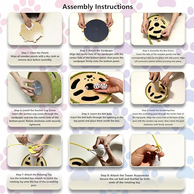 Cat Nail File Enrichment Box with Scratching Post, Sandpaper Scratcher Base, Interactive Cat Scratch Puzzle Box with Rotating Teaser & Bell Balls for Indoor Cats