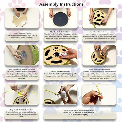 Cat Nail File Enrichment Box with Scratching Post, Sandpaper Scratcher Base, Interactive Cat Scratch Puzzle Box with Rotating Teaser & Bell Balls for Indoor Cats