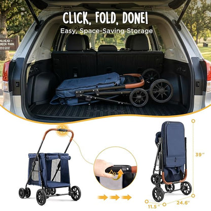 CANINE CANYON Scout Pet Stroller, Heavy Duty Dog Stroller for Small/Medium Dogs, Foldable Pet Stroller with All-Terrain Wheels, Breathable Mesh, Storage Pocket & Cup Holder, 55 lbs Capacity, Navy Blue