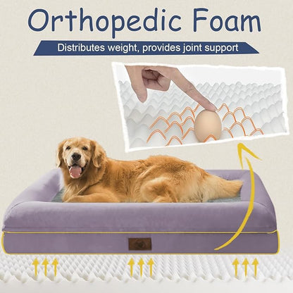Large Orthopedic Dog Beds, Waterproof Dog Bed with Removable Cover, 4-Sides Removable Bolster Pet Soft Sofa with Nonskid Bottom, Washable Pet Beds for Large Dogs, Purple