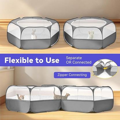 Pawaboo Small Animals Playpen, Portable Chicken Coop Run Large Chick Brooder with Zipper Splicing, Pop Up Pet Enclosure Cat Tent for Guinea Pig Bunny Puppy Indoor Outdoor, Gray