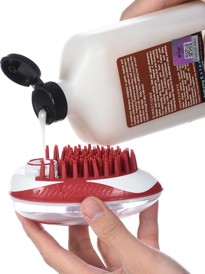 CHI for Dogs Soap Dispensing Palm Brush, Handheld Dog Bathing Scrubber with Built-In Shampoo Dispenser, Soft Rubber Bristles for Massaging and Deep Cleaning All Dog Coat Types, Red
