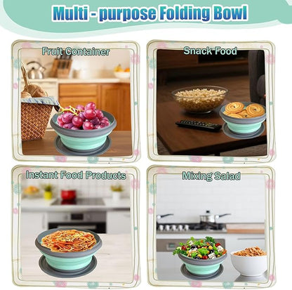 RMAMSCOV Collapsible Camping Bowl with Lid, Silicone Salad Bowl Serving, Microwave Foldable Soup Ramen Expandable Plates for Travel, Picnic, Rv(Blue New with Kinfe)