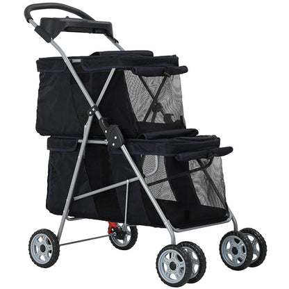 Dog Stroller Cat Pet Carriers for Small Medium Dogs Cats Travel Camping 4 Wheels Lightweight Folding Crate Stroller with Soft Pad (Black)