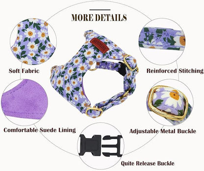 No Pull Dog Harness Adjustable Small Dog Harness and Leash Set, Lightweight and Soft Dog Harness No Choke Escape Proof Pet Harness Vest (Purple Daisy, XS)