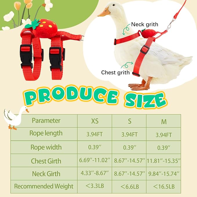 Duck Harness Leash Set Duck Harness and Leash for Real Ducks Adjustable Walking Rope Pet Cute Pattern Outdoor Traction Rope for Chicken Rabbit Small Animals(Xs,Strawberry)