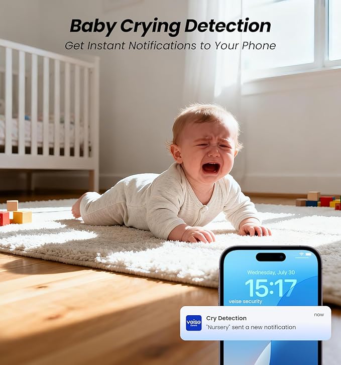 Veise 2K Indoor Security Camera 2.4GHz, 360° Pan/Tilt Pet Camera with Motion Tracking, Baby Monitor, 2-Way Audio, Night Vision, Cloud/SD Storage, Compatible with Voice Assistant, White, 2Pack