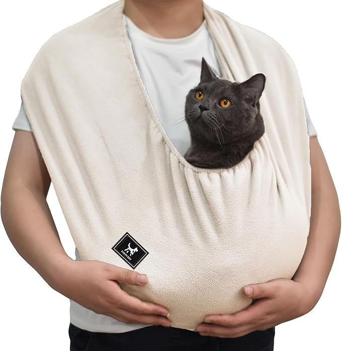 PAWPUBBY Polar Fleece Cat Sling Carrier – Fixed Elastic Strap for Snuggling, Ultra-Soft Hands-Free Pet Cuddle Bag for Indoor Use, Fits Pets 3-13 lbs (Apricot, Medium)