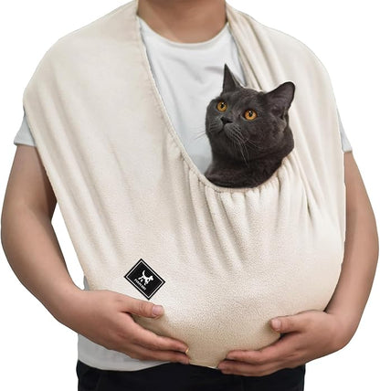 Polar Fleece Cat Sling Carrier (Large - for People 180-200cm & Pets 10-18 lbs) – Fixed Elastic Strap Pet Cuddle Bag for Indoor Snuggling, Soft Hands-Free Carrier（Apricot）