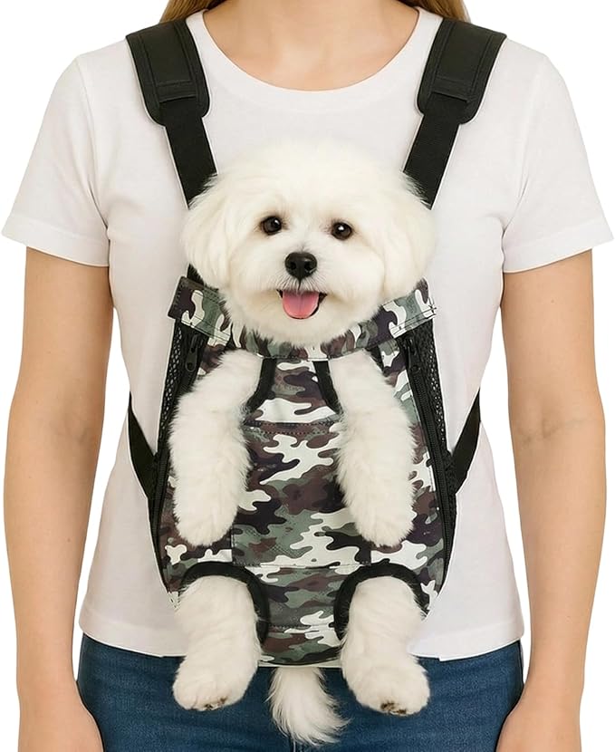 Dog Backpack Carrier, Front Pocket for Essentials, Legs Out Carrying Sling Travel Bag for Small Medium Dogs 2.5-4 Lbs, Soft Wearable Puppy Chest Carry Backpacks for Walking/Hiking/Camping/Traveling