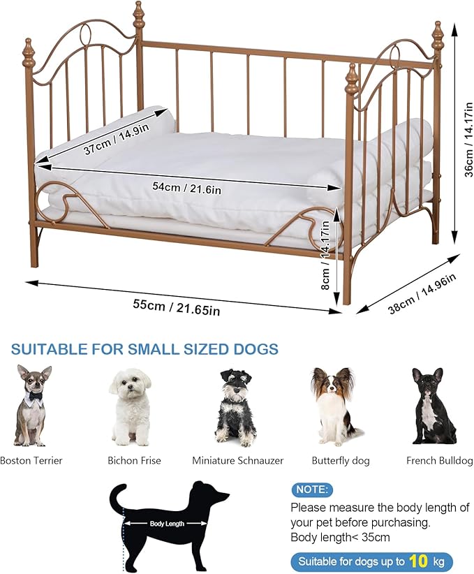 Pet Bed, Dog Bed with Metal Frame and Detached White Velvet Cushion with 2 Pillow for Small Dog